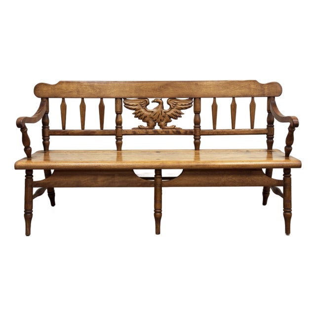 Vintage Cushman Carved Wood Colonial Farmhouse Bench For Sale