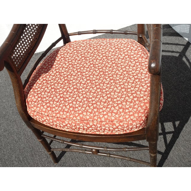 Vintage Polynesian Bamboo Cane Back Barrel Accent Chair W Cane Seat & Cushion For Sale - Image 10 of 17