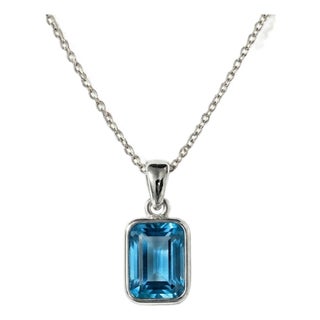 Swiss Blue Topaz Emerald Cut Pendant, 8 X 6mm Blue Topaz Statement Birthstone Pendant for Woman For Sale