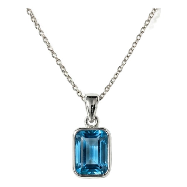 Swiss Blue Topaz Emerald Cut Pendant, 8 X 6mm Blue Topaz Statement Birthstone Pendant for Woman For Sale