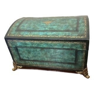 Vintage Italian Style Green Leather Domed Trunk Box Gold Gilt Tooling Claw Feet For Sale