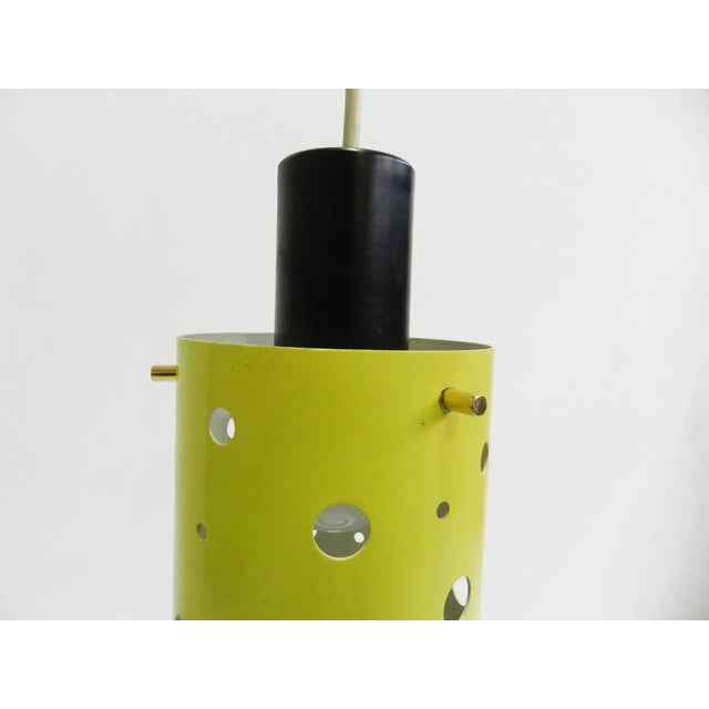 French Brass and Yellow Perforated Metal Pendant Lamps by Mathieu Mategot, 1950s, Set of 3 For Sale - Image 4 of 6