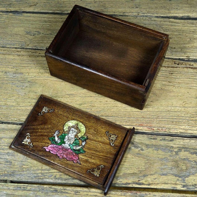 1980s 1980s Rosewood Mother-of-Pearl Inlaid Four-Armed Guanyin Puzzle / Secret Compartment Box For Sale - Image 5 of 10