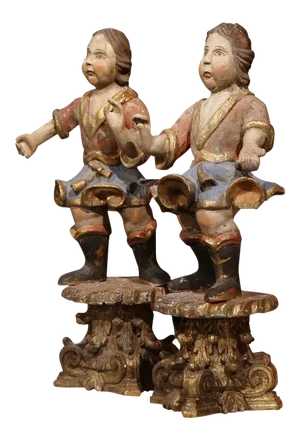 18th Century Italian Carved Polychrome Figures on Wooden Gilded Stands - a Pair