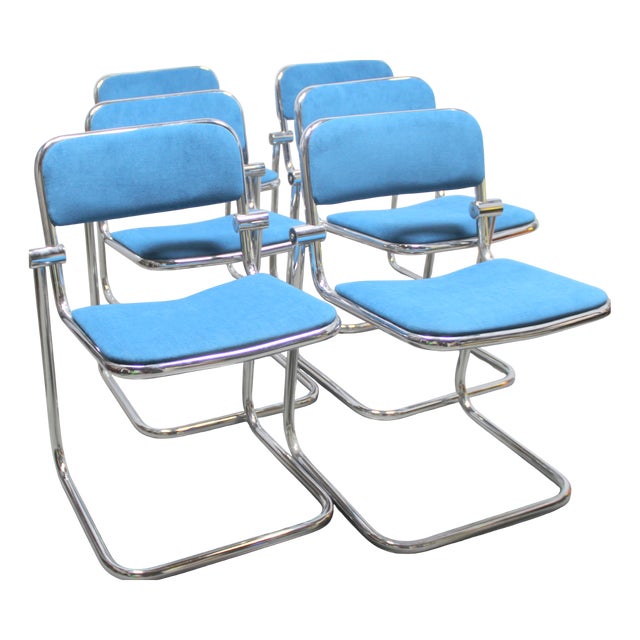 Bauhaus Blue Chrome Chairs, 1970s, Set of 6 For Sale