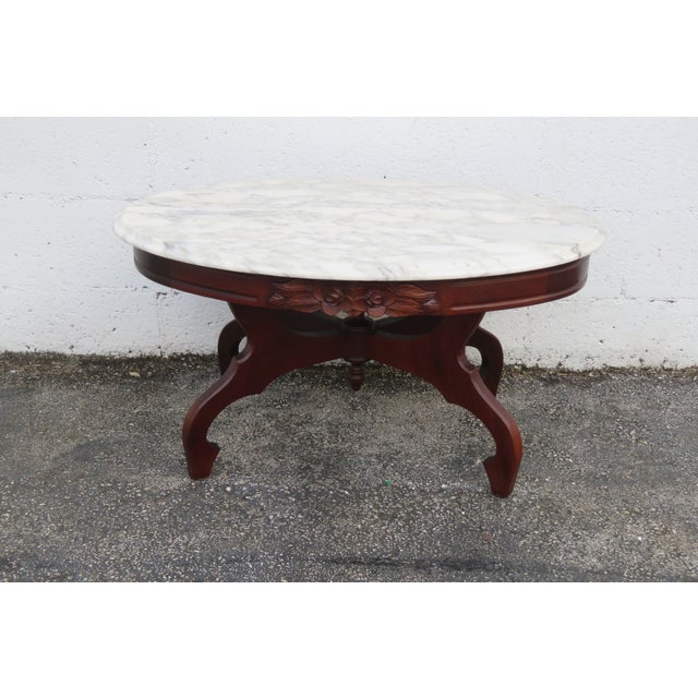 Brown Mid 20th Century Victorian Style Oval Marble Top Carved Coffee Table For Sale - Image 8 of 13