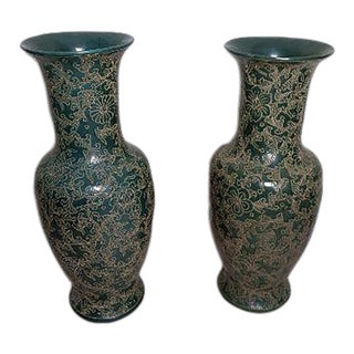 Green Gold Chinese Porcelain Vases Foliage Scrollwork Set of 2 For Sale