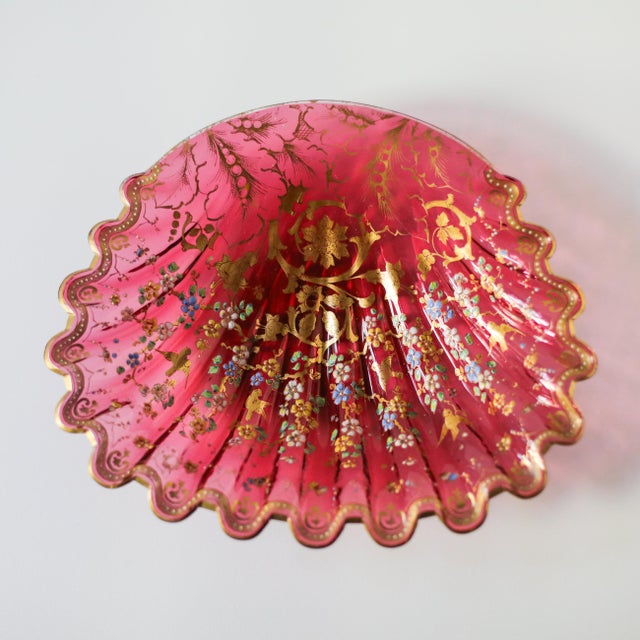 Late 19th Century Moser Cranberry Glass Shell Dish With Enamel & Gilt For Sale - Image 14 of 18