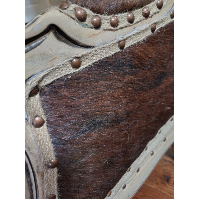 One-of-a-Kind Cowhide & Vintage Feed Sack Wingback Chair For Sale In Indianapolis - Image 6 of 7