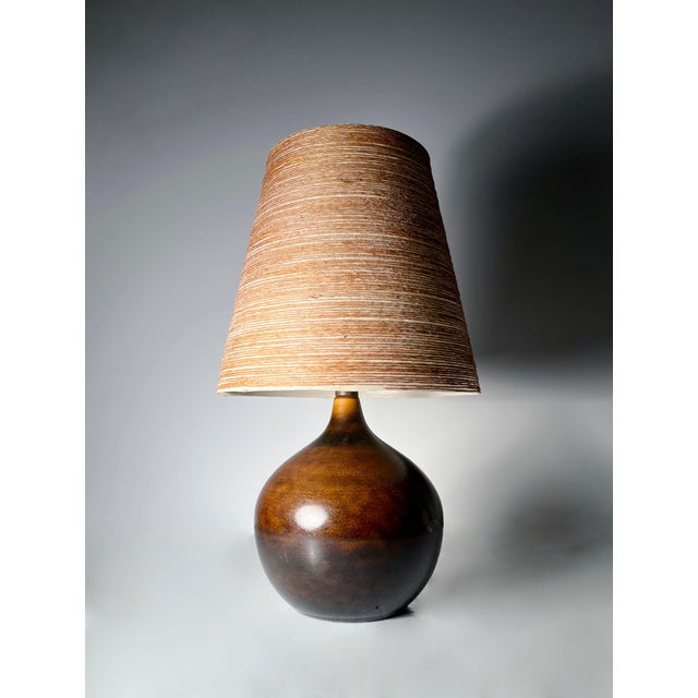 Petite Danish Modern Lotte Bostlund Ceramic Table Lamp. Signed with a label on hardware. Comes with the original Lotte...