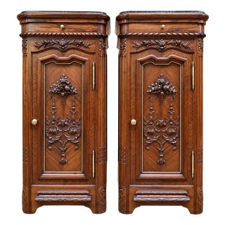 Napoleon III Bedside Tables in Carved Walnut and Sea Green Marble For Sale