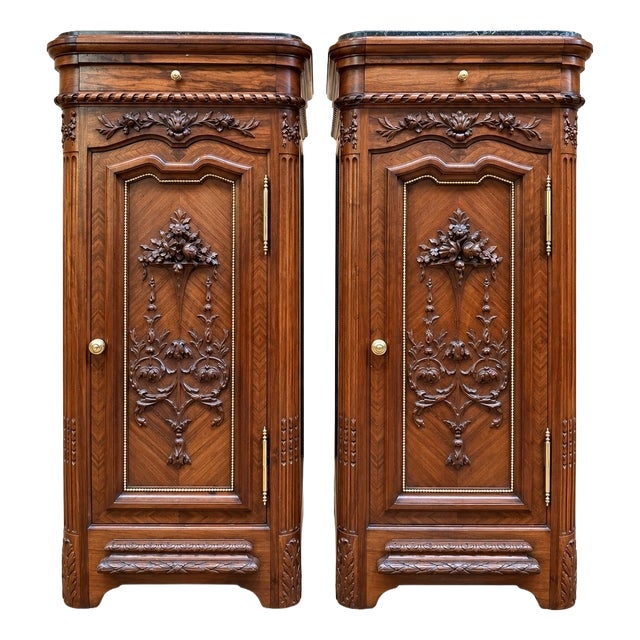 Napoleon III Bedside Tables in Carved Walnut and Sea Green Marble For Sale