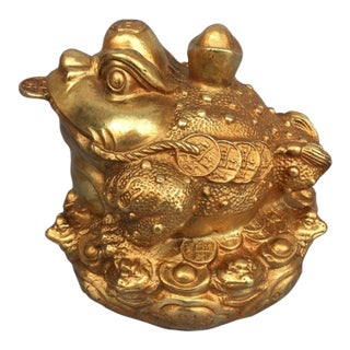 Gilt Bronze Toad Statue With Coin Accents and Inscribed Base For Sale