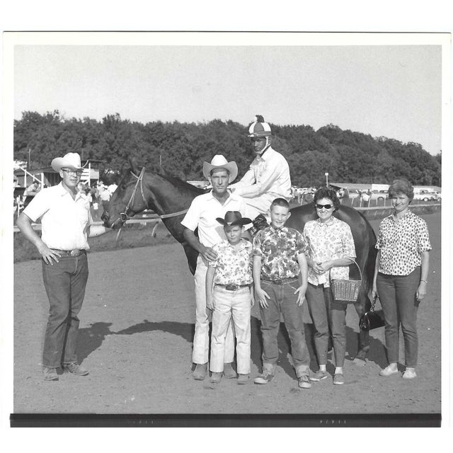1960s black and white photograph of a jockey and racing team or spectators before a race. Unsigned. combined shipping...