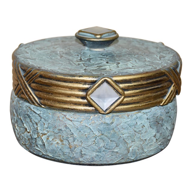 Hollywood Regency Jaru Green and Gold Cast Stone Ceramic Trinket Candy Box For Sale