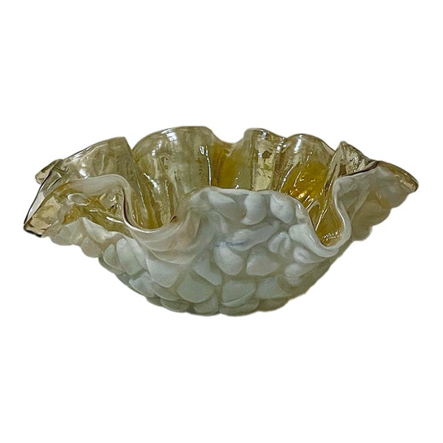 Large Mid-Century Italian Murano Art Glass Centerpiece Bowl – Golden Iridescent & Lattimo Cobblestone For Sale