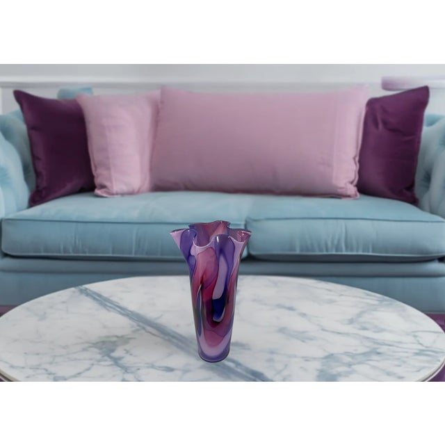 12/ 1/4 In. Tall Signed Purple Swirl Fazzoletto Lip Studio Art Glass Vase For Sale - Image 12 of 13