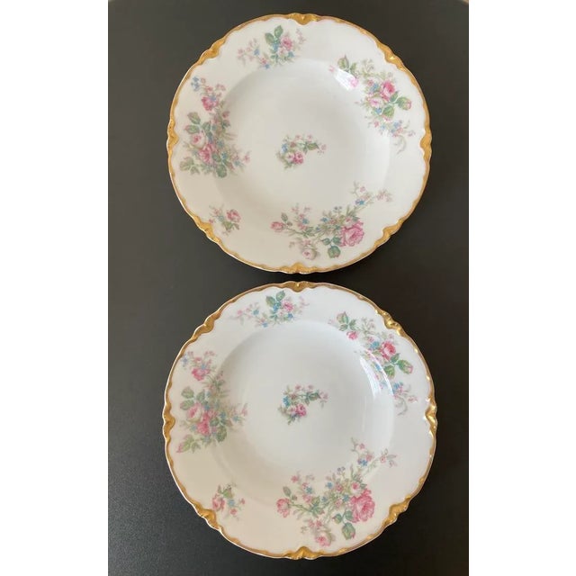 A beautiful set of two (2) French Limoges porcelain plates or bowls with floral pattern and gold hand painted rim, France,...
