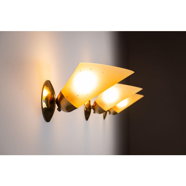 Gold Vintage Brass Sconces with Decorated Yellow Glass Shades, 1960s, Set of 3 For Sale - Image 8 of 18