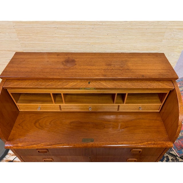 Mid Century Swedish Bookmatched Teak Roll Top Secretary Desk by Egon Ostergaard for Smi, Signed For Sale - Image 9 of 13