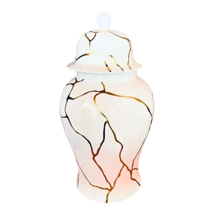 16” Large Cream and Gold Ceramic Modern Elegant Chinoiserie Ginger Jar
