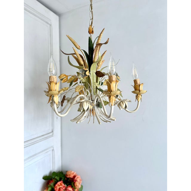 French Floral and Wheat Tole 6-Light Chandelier from Sofidis FlorArt, Late 20th Century For Sale - Image 4 of 18