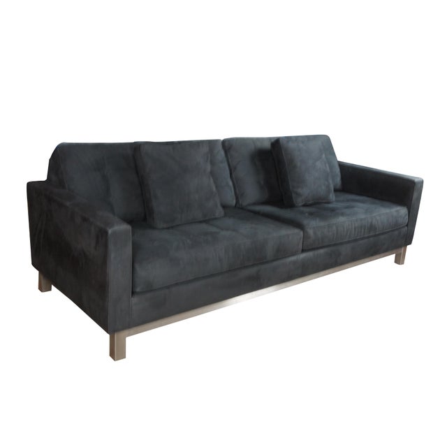 Vintage Ethan Allen Melrose Collection sofa featuring a Parson style frame with track arms, tufted black suede fabric and...