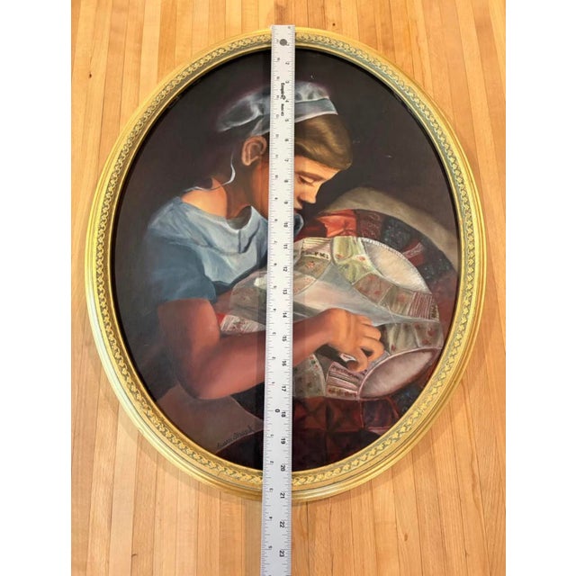 Blue 1990s Oil Painting the Quilter Portrait Signed Oval Gold Frame For Sale - Image 8 of 8
