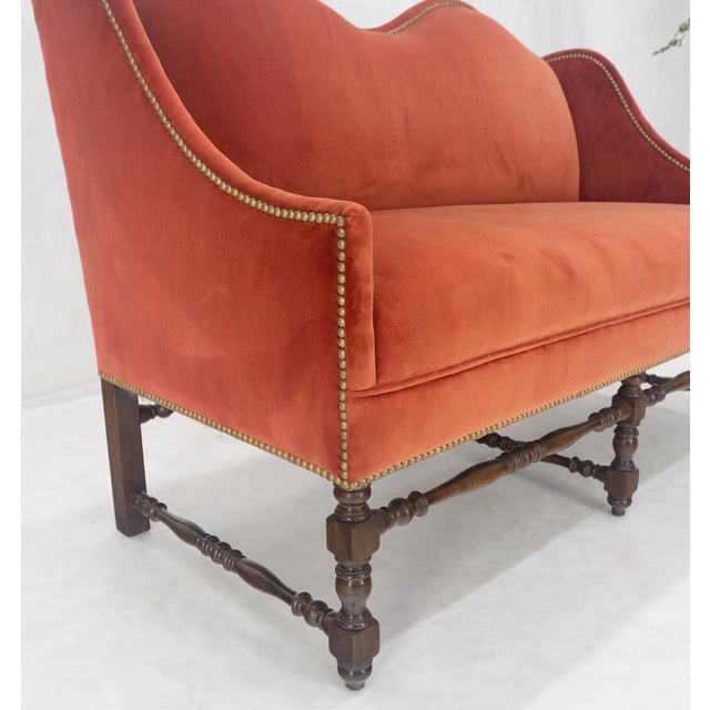 William & Mary Style Brick Red Camel Back Upholstery Walnut Base Sofa Loveseat For Sale - Image 15 of 15