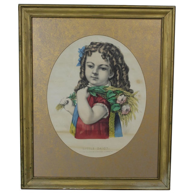 Printmaking Materials Currier & Ives Little Daisy Lithograph Victorian Girl Flowers Gold 23" For Sale - Image 7 of 7