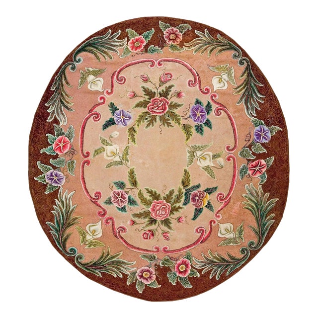 1920s Tan Almond Floral Folk Art Antique American Hooked Rug 6'6"x 7'5" Handknotted Wool Carpet For Sale