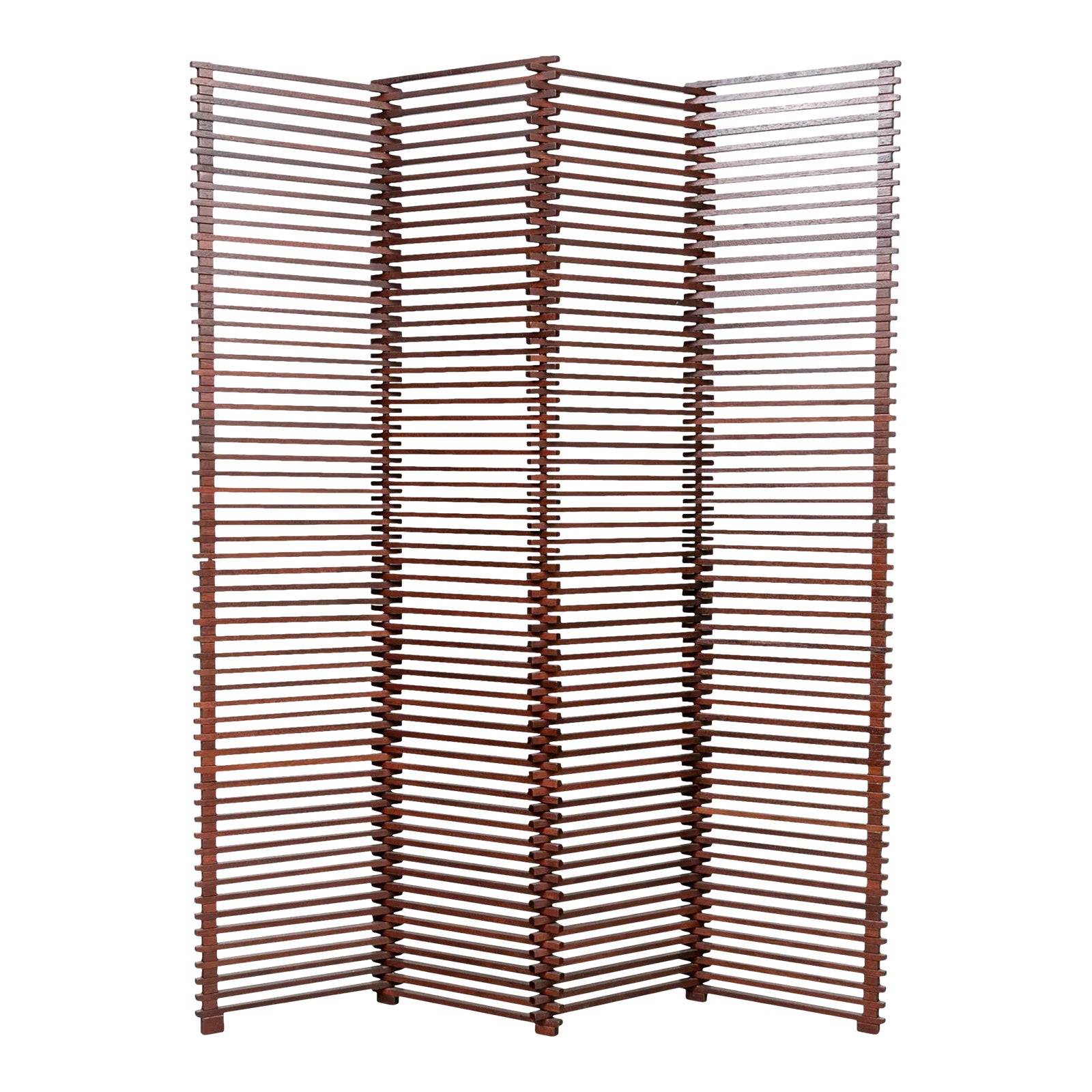 MidCentury Modern Tall Solid Teak Wood Slatted Four Panel Room Divider