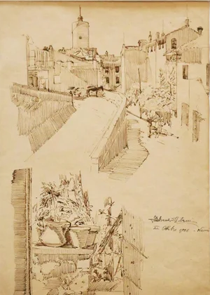 Ildebrando Urbani, Nemi, Ink Drawing by Ildebrando Urbani, Early 20th Century