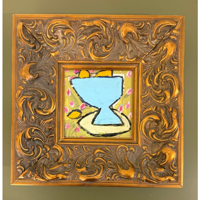 Acrylic on cradled wood panel, framed in a 10 x 10 x 2 deep profile, heavyweight, ornate gold carved wood frame. Back...
