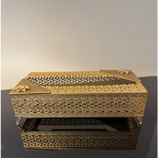 Mid-Century Modern Vintage Gold Tone Filigree Metal Tissue Box Cover For Sale - Image 3 of 11