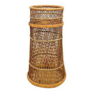 Vintage Round Wicker Plant Stand Woven Boho Coastal Decor Accent Rattan Pedestal For Sale