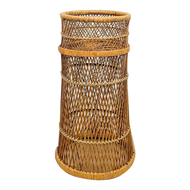 Vintage Round Wicker Plant Stand Woven Boho Coastal Decor Accent Rattan Pedestal For Sale