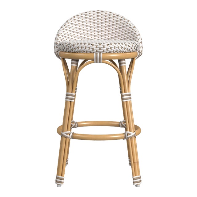 Tobias Outdoor Rattan & Metal Low Back Counter Stool, Beige & White For Sale