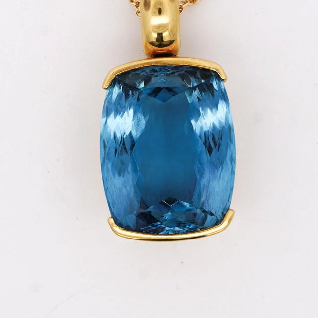 Gia Certified Cushion Cut Blue Topaz in 18k Gold Bezel Pendant Necklace For Sale - Image 4 of 10