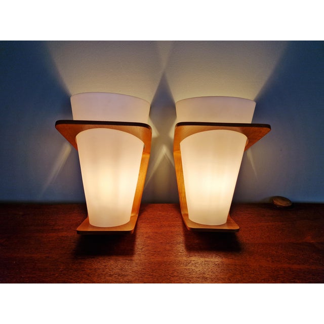 Philips Teak and Opaline Wall Sconces by Louis Kalff for Philips, 1950, Set of 2 For Sale - Image 4 of 18