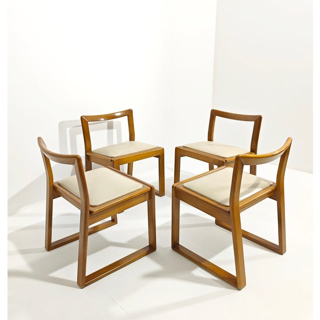 Curved Wood Chairs with Leather Seats, Italy, 1970s, Set of 4 For Sale - Image 12 of 12
