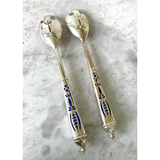 Mid 20th Century Royal Cobalt Glass and Silver Plate Serving Spoons For Sale - Image 4 of 4