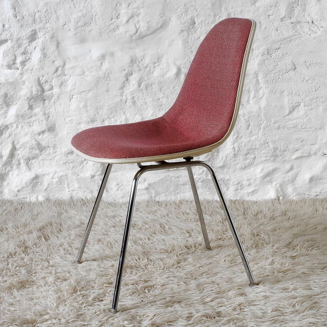 Four chairs. Fiberglass reinforced polyester seat, new zig-zag chenille upholstery in oriental red and gray tones, chromed...