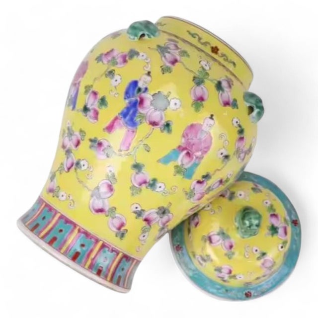 Early 21st Century Hand Painted Chinese Famille Jaune Ginger Jar With Foo Dog Finial For Sale - Image 5 of 6