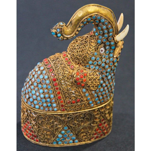 Indian Mughal Style Gem-Set Gilt Brass Elephant Shape Snuff Box For Sale - Image 9 of 11