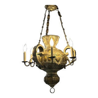 Antique Gothic Revival Sanctuary Lamp 6-Light Chandelier With Brass Medallions For Sale