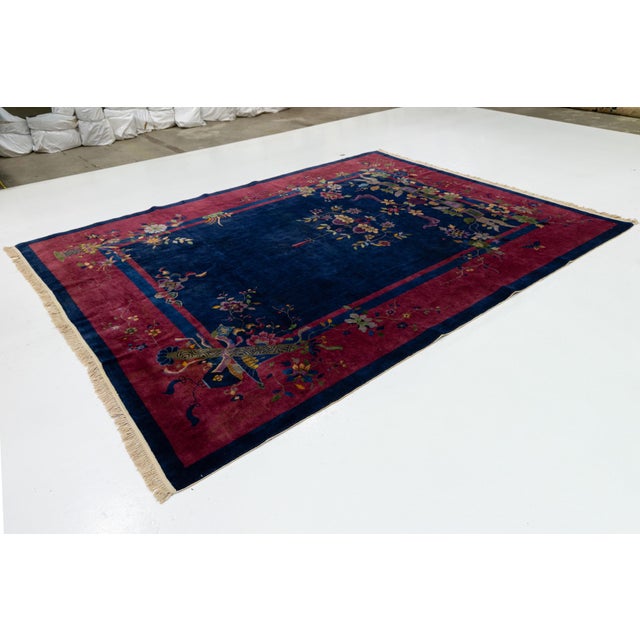 Navy Blue Antique Art Deco Chinese Wool Rug With a Classic Design For Sale - Image 4 of 12