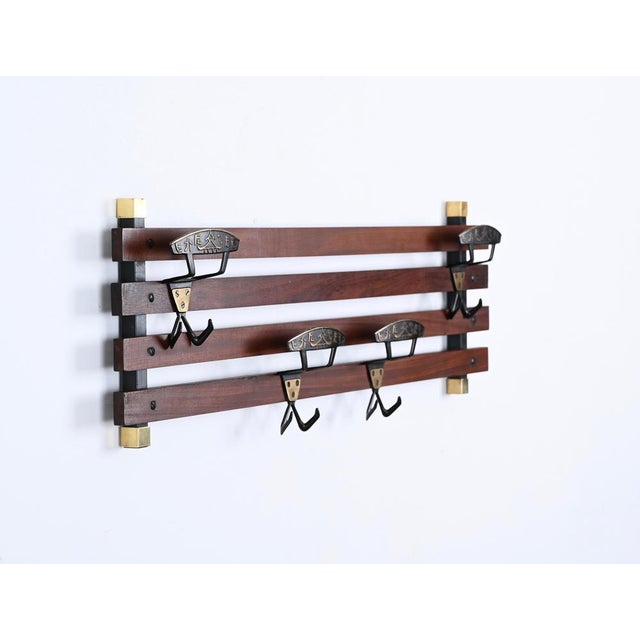 Italian Coat Rack in Teak, Brass and Black Enameled Iron, Italy, 1960s For Sale - Image 14 of 17