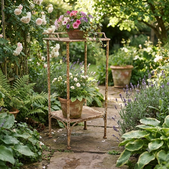 Shabby Chic Wrought Iron Plant Stand and Shelf, France, 1910s For Sale - Image 4 of 10