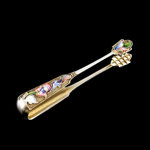 Antique Russian Silver Enamel Cloisonne Sugar Tongs by Maria Semenova, 1900s For Sale - Image 11 of 15
